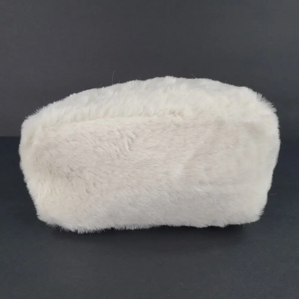 White Faux Fur Cosmetic Makeup Bag Pouch Furry Soft Sided with Zipper Closure